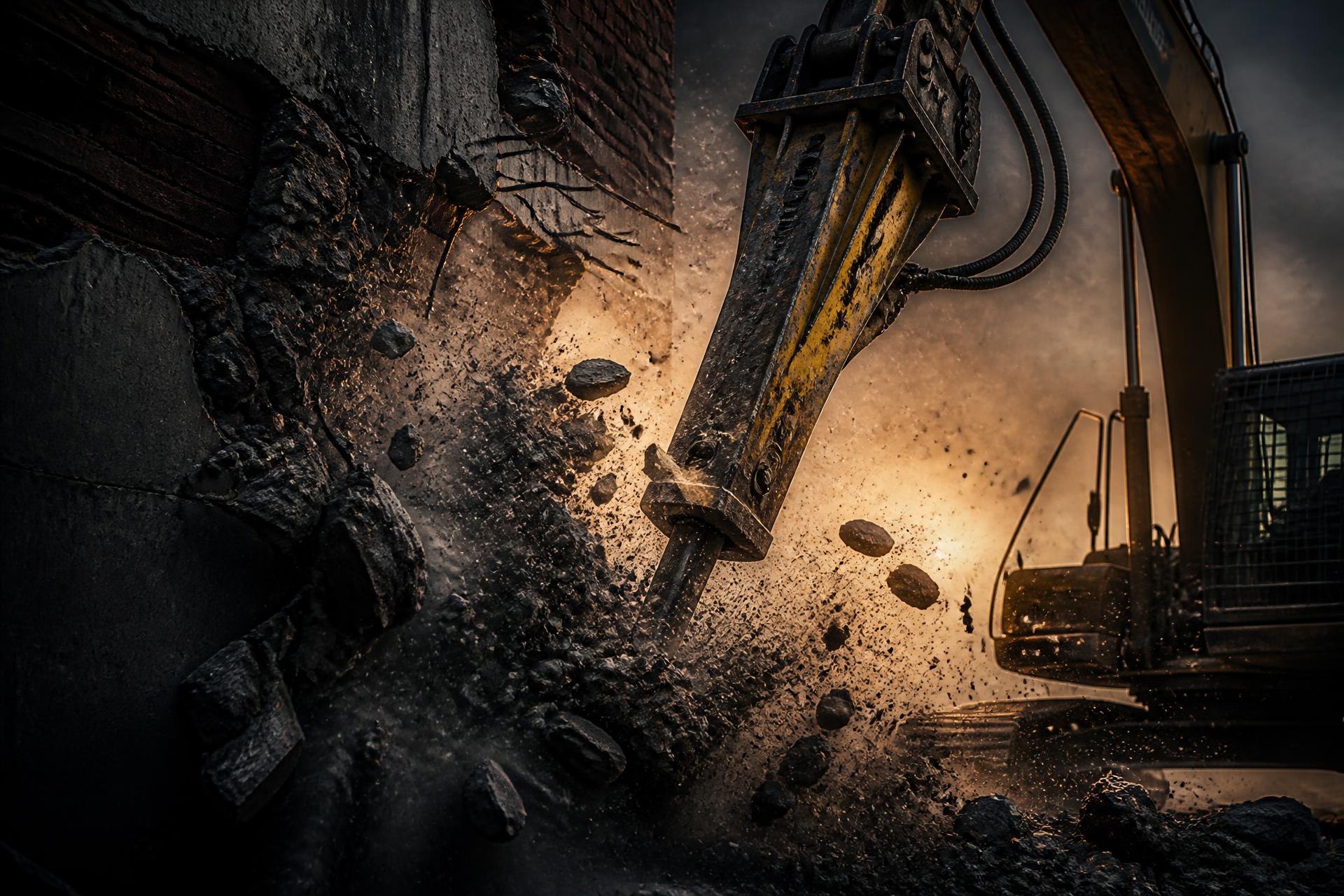Hydraulic breaker smashing concrete